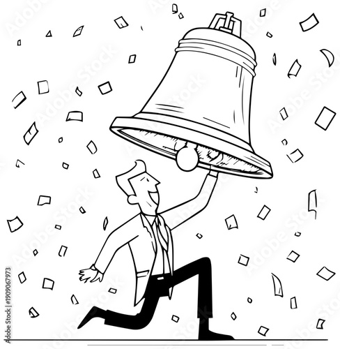 Man in business attire excitedly ringing large bell with confetti