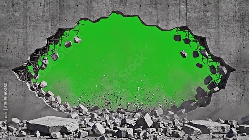 Explosion Breaking Wall and Revealing Hole on Green Screen