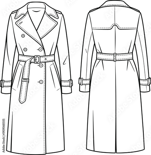 Double breasted trench coat with belt, long sleeves, button details, classic outerwear, fashion illustration, flat design, cad drawing flat vector illustration