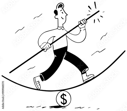 Man balancing on tightrope with pole over money concept