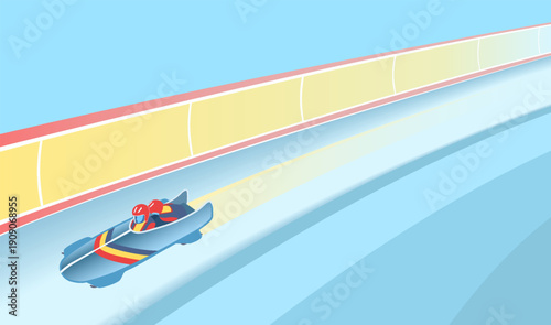 Bobsleigh illustration showing two athletes racing down icy track in aerodynamic sled. High speed descent with design captures intensity, teamwork, and winter sports action for competitive themes.