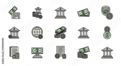 Financial Icons Representing Money Banking and Economy.