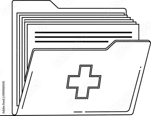 Professional medical record folder icon with health cross and paper documents for patient data management and digital healthcare archive organization services