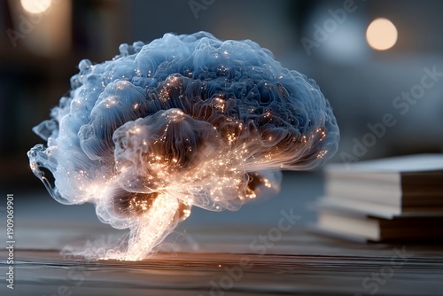 Visualization of a brain with glowing elements on a wooden surface Generative AI