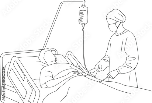 Doctor treating patient in hospital bed, medical care illustration, nurse with IV drip, healthcare professional line art, hospital treatment sketch