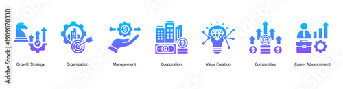 Business Strategy web banner icon vector illustration featuring Growth Strategy, Organization, Management, Corporation, Value Creation, Competitive, and Career Advancement.
