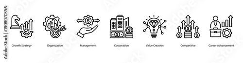 Business Strategy web banner icon vector illustration featuring Growth Strategy, Organization, Management, Corporation, Value Creation, Competitive, and Career Advancement.