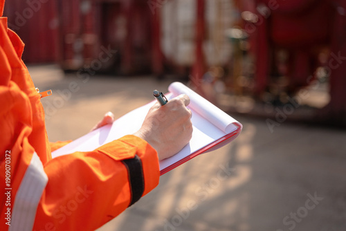 Фотография Action of safety officer is writing and check on checklist document during safety audit and inspection at drilling site operation