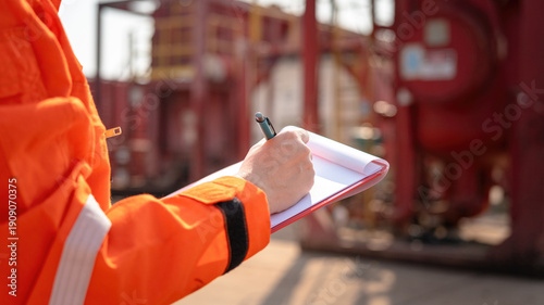 Fotografie Action of safety officer is writing and check on checklist document during safety audit and inspection at drilling site operation