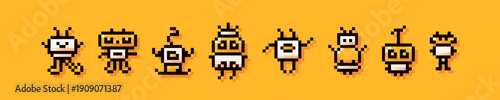 Pixel art color . 8-bit images of captors and monsters on yellow background.
