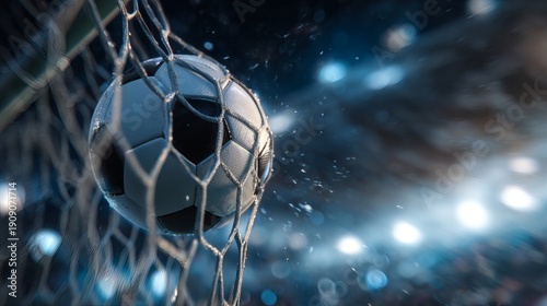 Close-up of a soccer ball hitting the net during a goal. Concept of victory, scoring, competition and football success.