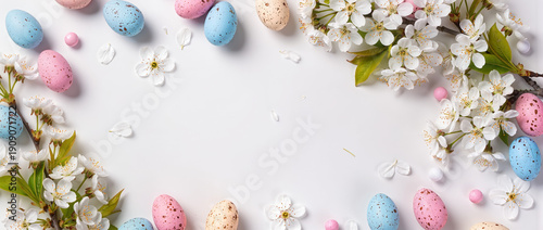 Pastel speckled Easter eggs and delicate white blossoms frame a clean white background, creating a fresh, elegant spring holiday composition.