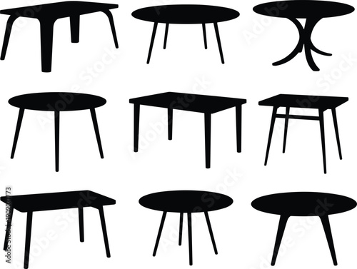 Black silhouettes of nine different table designs with varied shapes and leg styles, ideal for furniture design, interior graphics, and decorative stock illustrations.