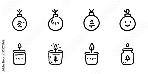 Christmas Ornaments And Candles Line Icon Set In Doodle Style. Festive Decoration And Holiday Ambiance Outline Sketch Collection. Hand Drawn Isolated Vector Illustration