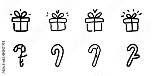 Gift Box And Candy Cane Line Icon Set In Doodle Style. Holiday Celebration, Christmas, And Festive Season Outline Sketch Collection. Hand Drawn Isolated Vector Illustration