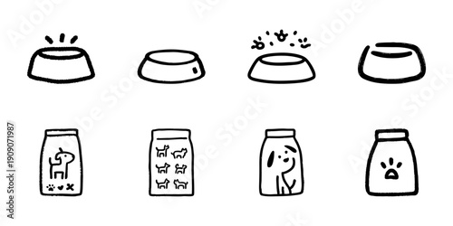 Pet Food And Bowl Line Icon Set In Doodle Style. Animal Feeding, Nutrition, And Care Outline Sketch Collection. Dog And Cat Food Packaging And Bowls. Hand Drawn Isolated Vector Illustration