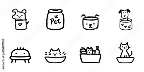 Cute Pet Care Line Icon Set In Doodle Style. Animal Grooming, Feeding, And Bathing Outline Sketch Collection. Hand Drawn Isolated Vector Illustration