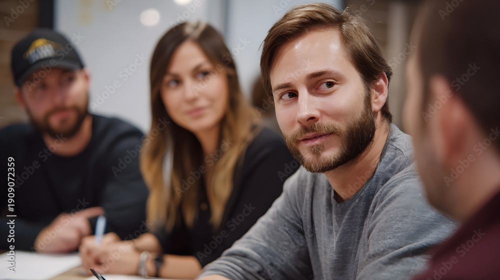 Fototapeta premium Professionals engaged in a focused discussion during a collaborative meeting in a modern office emphasizing teamwork and ideas