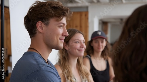 Young adults in a bright studio setting smiling and engaged in a collaborative discussion