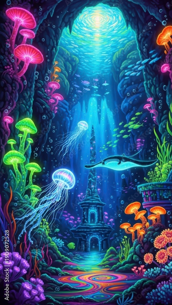 Obraz premium Enchanted Underwater Wonderland: A vibrant, fantastical underwater world filled with bioluminescent jellyfish, coral, and glowing flora, showcasing the magic of the ocean depths.