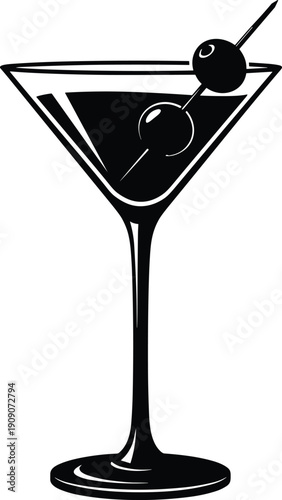 Classic martini glass with two olives on a toothpick silhouette, cocktail drink icon for bar menu, cad drawing flat vector illustration