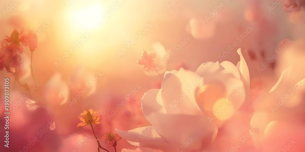 Fototapeta premium Ethereal abstract floral background with warm sunlight glow
