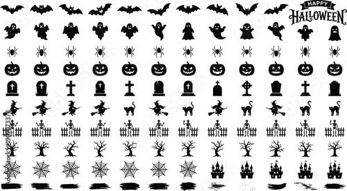 Halloween silhouette icon set, spooky bats ghosts pumpkins witches spiders graves castles, black vector symbols collection isolated on white background