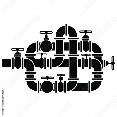A complex black and white illustration of interconnected industrial pipes and valves