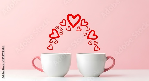 Two white cups connected by a heart-shaped design of red hearts symbolizing love and affection.