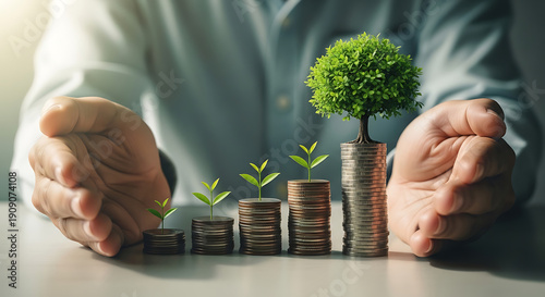 Hands nurturing a growing tree and plants from stacks of coins