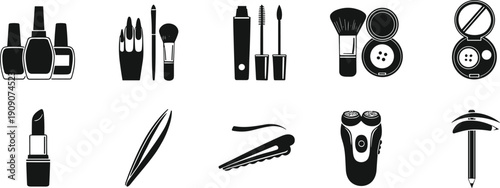 Personal grooming cosmetic tools icons set, nail polish, lipstick, mascara, tweezers, eyelash curler, shaver, compact powder, beauty illustration design
