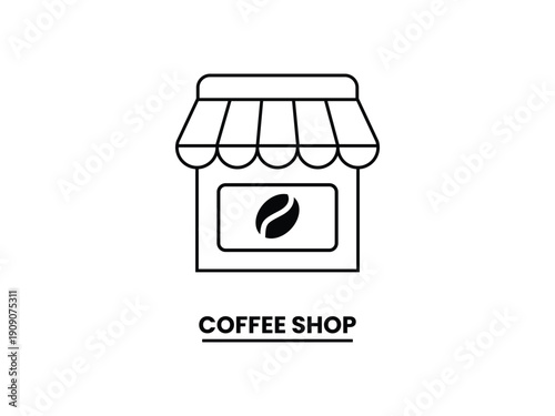 Minimalist vector illustration icon of a coffee shop with an awning and coffee bean logo, representing cafe and beverage service.