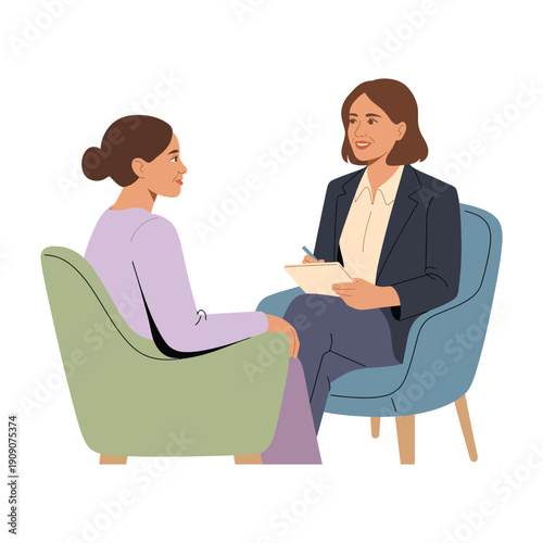 A female therapist taking notes while talking to her young patient