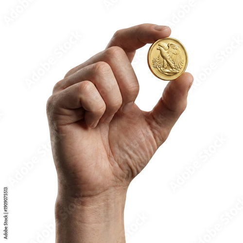 Billede på lærred Hand holding a gold eagle coin isolated