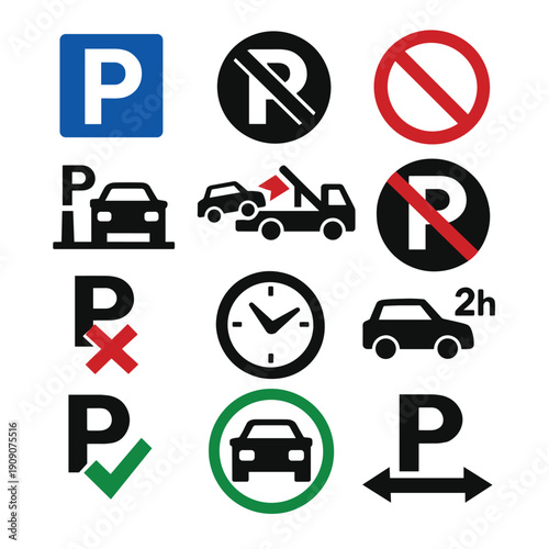 Parking signs icon collection for various regulations