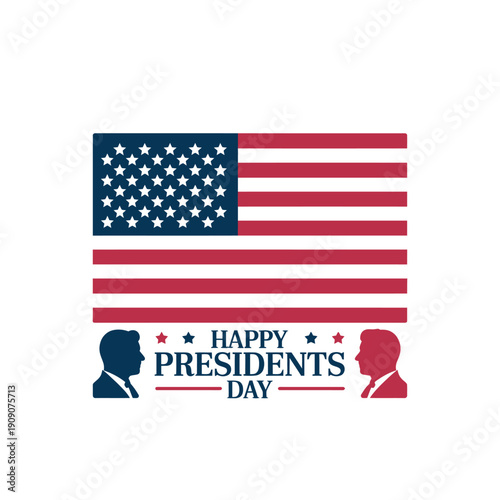 A patriotic graphic celebrating Presidents Day with American flag and presidential silhouettes