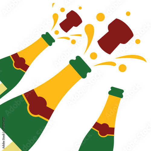 A colorful illustration of champagne bottles celebrating a special occasion with corks popping