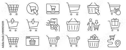Shopping cart line editable icon set. Contain icons related to shopping cart, shopping basket, shopping bag, and more. Editable stroke. Vector illustration