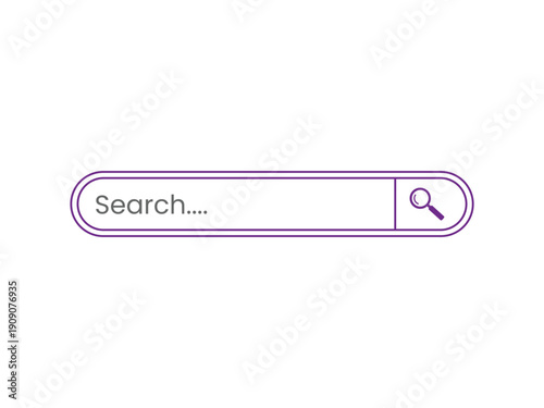 Purple outline vector illustration of a search bar with magnifying glass icon, symbolizing search engines and online discovery.