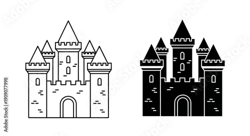 Castle Icon Set – Medieval Fortress Outline Solid Symbols