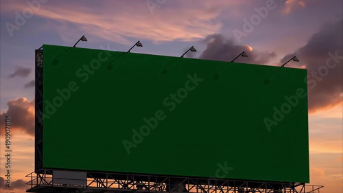 Timelapse video of large green billboard mockup on metal scaffolding against blue sky