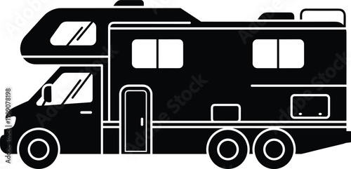 Modern recreational vehicle silhouette for camping and road trip, large motorhome icon, travel camper van, cad drawing flat vector illustration