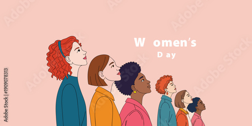Diverse women looking up with determination for women's day, signifying strength unity and progress against pink background and soft pastel colors.