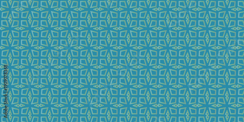 Wallpaper Mural Teal geometric seamless pattern with gold and silver accents, abstract interlocking shapes forming a modern and elegant textile or wallpaper design. Torontodigital.ca
