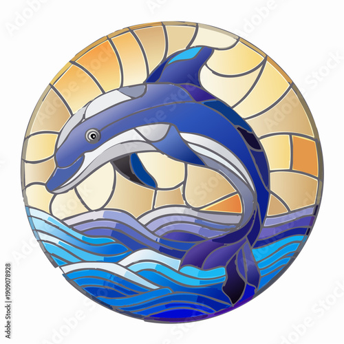 Stained Glass Dolphin Leaping Through Waves Art.