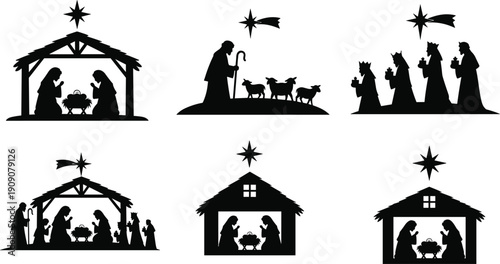 Nativity silhouette vector set with manger scene, holy family, shepherds, three wise men, star of Bethlehem, Christmas religious illustration collection