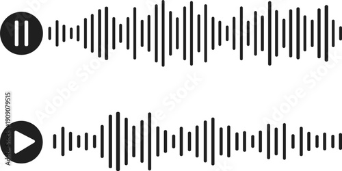 Graphic sound waves and equalizer elements set featuring various audio waveforms and frequency visualizations for music and technology.A collection modern audio and media icons including a play button