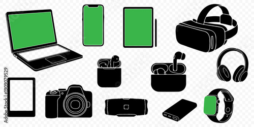 Set of modern electronic gadgets and devices silhouettes featuring laptop, smartphone, tablet, VR headset, headphones, and camera with green screen mockups isolated