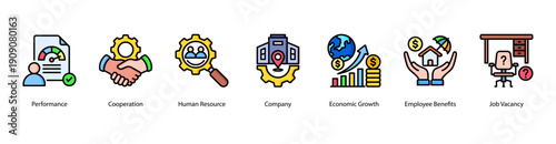 Workplace Essentials web banner icon vector illustration featuring Performance, Cooperation, Human Resource, Company, Economic Growth, Employee Benefits, and Job Vacancy.