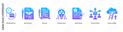 Career Agreements web banner icon vector illustration featuring Working Hours, Job Contract, Resume, Creative Team, Advertising, Career Choice, and Career Ladder.